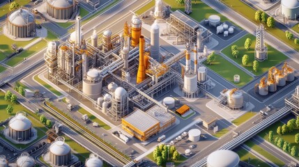 Poster - A 3D isometric view of a sprawling industrial area with a large chemical plant, surrounded by roads, trees, and other industrial buildings.