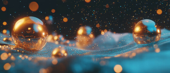 Poster - Spheres emerge from glittering liquid in an abstract mesmerizing background design
