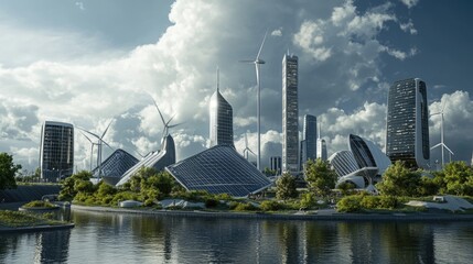 Poster - A 3D rendering of a model city in the future, with sleek buildings powered by solar energy and wind turbines, showcasing advanced energy technologies.