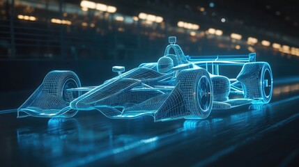 Poster - A 3D wireframe hologram of an Indy car racing on a track, glowing blue lights illuminating its detailed racing wheels and low-profile tires.