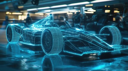 Poster - A 3D wireframe hologram of an Indy car, with glowing blue lights and low-profile racing wheels, evoking speed and futuristic racing technology.