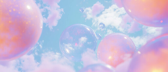 Poster - Ethereal 3D spheres floating in a dreamy cloud-filled atmosphere with soft glitter textures