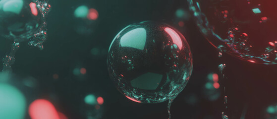 Poster - Futuristic 3D spheres of liquid mercury with flowing glitter reflections in a dark aesthetic