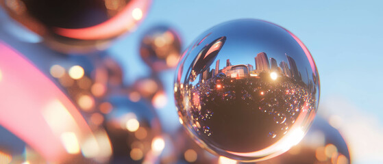 Poster - Spheres reflect urban landscapes and modern life in vibrant abstract composition