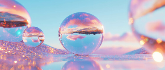 Poster - Reflective spheres capturing tranquil landscapes and nature's beauty in an abstract setting