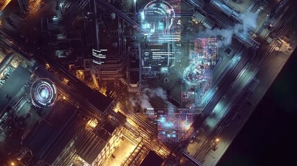 Leinwandbilder - A bird's-eye view of an industrial site with holographic graphs and digital data displayed in the air, showing modern advancements in industrial operations.