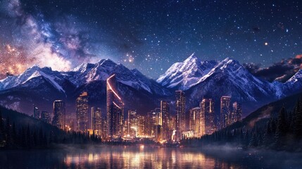 Aufkleber - A bright urban skyline lit at night, set against the Milky Way and mountain peaks, merging the natural world with modern cityscapes.