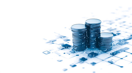 Poster - Stacks of coins on a digital background symbolize finance, investment, and technology