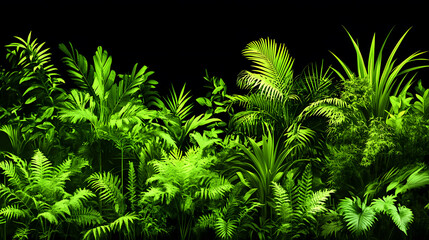 Poster - Lush green foliage with various plants against a black backdrop, creating a vibrant, tropical atmosphere