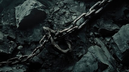 Poster - a broken steel chain lies against a backdrop of dark gray rocks, with a dramatic dark theme adding i
