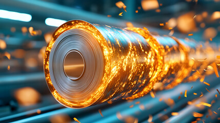 Aufkleber - A glowing metal roll emits sparks in a factory setting, highlighting industrial processes and the transformation of materials