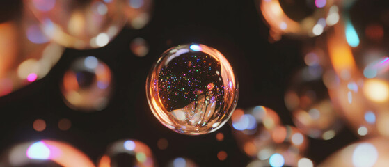 Poster - Abstract 3D spheres with glitter reflecting a surreal environment and artistic expression