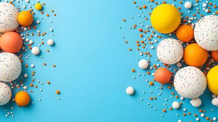 Aufkleber - Colorful spheres and confetti arranged on a blue background, creating a festive and playful atmosphere
