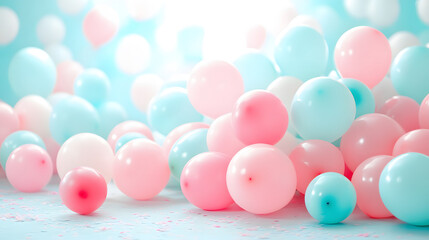 Poster - A cheerful arrangement of pink and blue balloons scattered across a bright background, evoking a festive and playful atmosphere