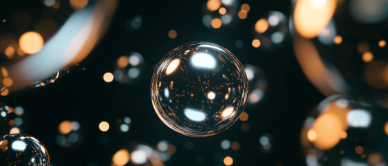 Poster - Glowing spheres suspended in a magical abstract atmosphere with glittering particles