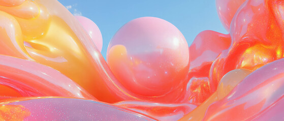 Poster - 3D abstract background of glittering spheres and organic shapes with harmonious flowing patterns