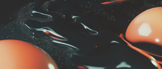 Poster - Abstract composition of 3D spheres with flowing organic shapes and glitter patterns
