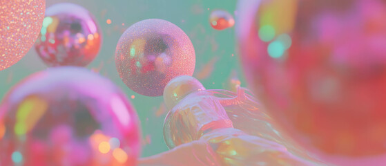 Poster - Vibrant abstract background featuring 3D spheres with paint splatters and glitter textures