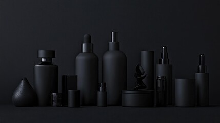 Poster - A chic and minimalist display of black containers and bottles against a dark background, suitable for high-end cosmetic or skincare branding.