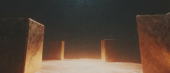 Aufkleber - Abstract design featuring textured stone cubes and sparkling glitter in earthy tones