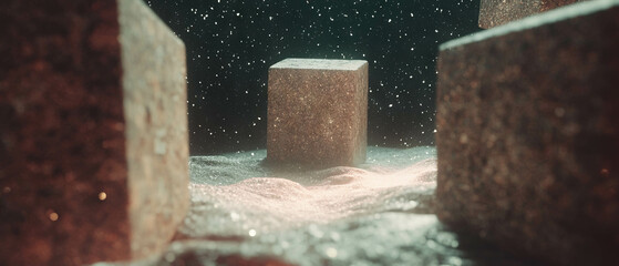 Poster - 3D stone cubes surrounded by glitter dust create an abstract earthy environment