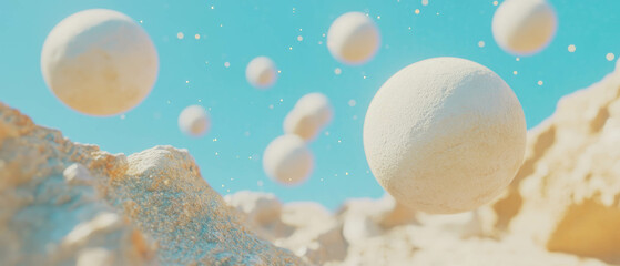 Poster - Floating stone spheres surrounded by glitter dust and earthy tones in a natural setting