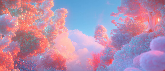 Aufkleber - Whimsical 3D forest of stylized trees and bright colors invites exploration and wonder
