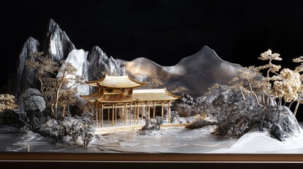 Aufkleber - A Chinese landscape model with gold and silver foil mountains and pavilions, beautifully arranged with trees in front and set against a dark, moody background.