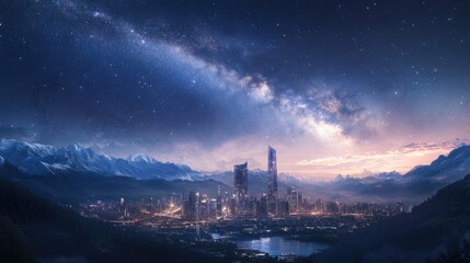 Poster - A city skyline illuminated at night, with the Milky Way stretching across the sky and majestic mountains in the distance, creating a surreal scene.
