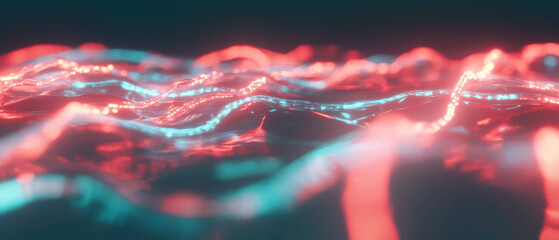 Poster - Glowing neon waves pulse rhythmically in a vibrant, abstract atmosphere