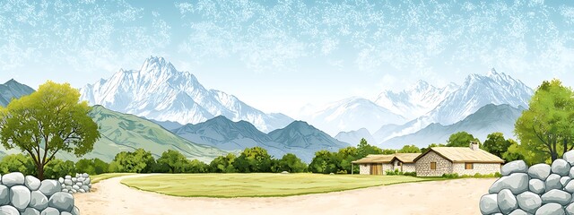 Wall Mural - a breathtaking view of rustic stone cottages nestled in a serene mountain valley, surrounded by lush