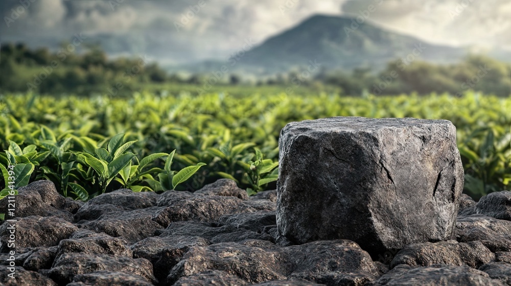 Natural Stone Slab Desk Setting with Soothing Tea Plantation Backdrop ...