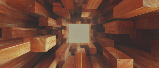 Poster - Exploring abstract wooden cubes with warm colors and glitter patterns in a rustic environment