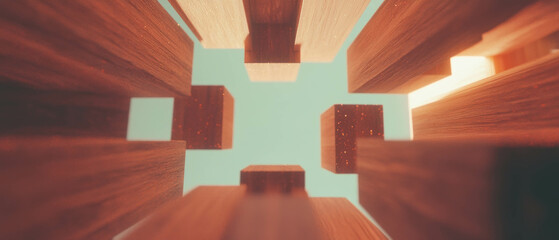 Poster - 3D abstract wooden cubes with carved glitter patterns and warm rustic colors