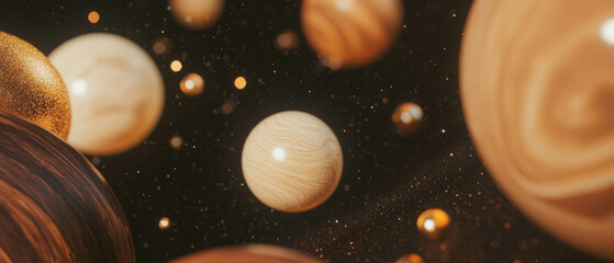 Poster - Warm and rustic abstract background featuring floating wooden spheres with glitter patterns