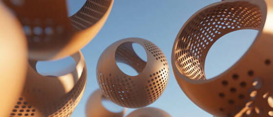 Poster - Warm and rustic abstract background of 3D wooden spheres with glitter patterns