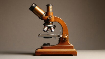 Poster - A close-up of a professional microscope, illuminated gently by soft light, showcasing its fine details and scientific precision.