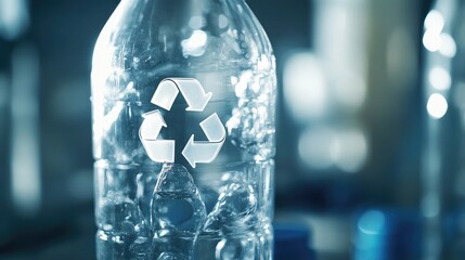Poster - A close-up of a transparent plastic bottle with recycling symbols, illustrating eco-friendly practices.