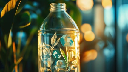 Poster - A close-up of a transparent plastic bottle with recycling symbols, illustrating eco-friendly practices.