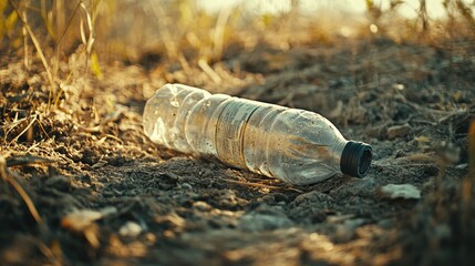 Poster - A close-up of an empty plastic bottle lying on the ground in a natural environment, emphasizing the importance of recycling