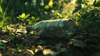Poster - A close-up of an empty plastic bottle lying on the ground in a natural environment, emphasizing the importance of recycling