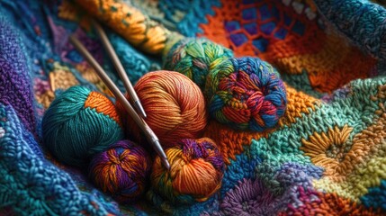 Poster - A close-up of vibrant yarn balls and knitting needles placed on a colorful crocheted fabric, capturing the rich details and textures of the yarn in macro photography.
