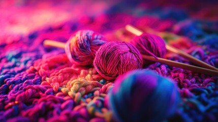 Poster - A close-up of vibrant yarn balls and knitting needles placed on a colorful crocheted fabric, capturing the rich details and textures of the yarn in macro photography.