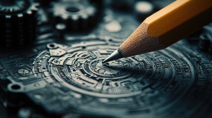 Aufkleber - A close-up photo of a pencil on a technical drawing, with intricate mechanical parts in the background, showcasing the art of engineering and design.