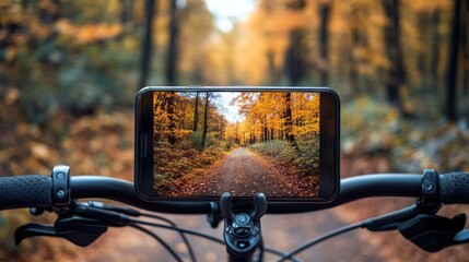 Poster - A close-up view of a smartphone mounted on a bicycle's handlebars, displaying a photograph of a scenic autumn forest trail during a bike ride.