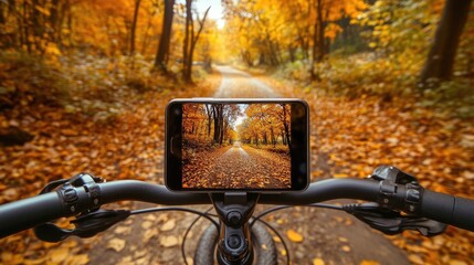 Poster - A close-up view of a smartphone mounted on a bicycle's handlebars, displaying a photograph of a scenic autumn forest trail during a bike ride.