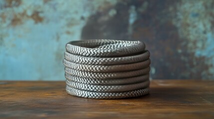Aufkleber - A coil of string rope, ready for use, placed on a wooden surface with natural lighting.