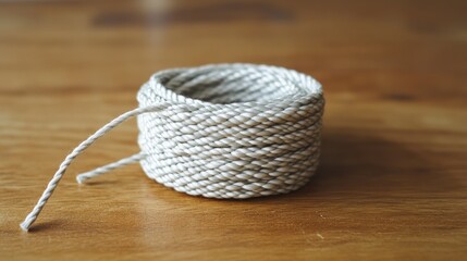 Aufkleber - A coil of string rope, ready for use, placed on a wooden surface with natural lighting.