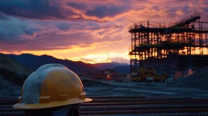 Poster - A construction site at sunset with a hard hat placed on a steel frame, highlighting the worker dedication and the beauty of the industrial landscape.