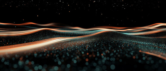 Poster - Data streams flow through an abstract technological landscape with an empty center